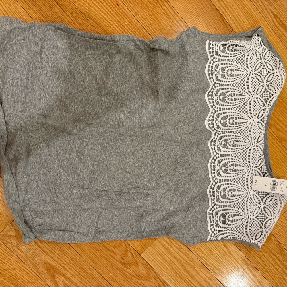 LOFT Gray Tank with White Lace Yoke